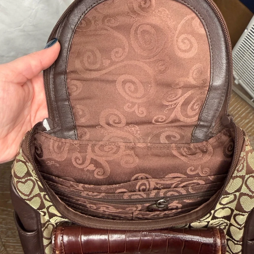 Brighton Heart Print Mini Backpack Brown Leather Trim Croc Flap Bag